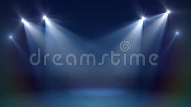 舞台上有现场照明，空场景用于表演，颁奖典礼或深蓝色背景上的广告。 摆动运动